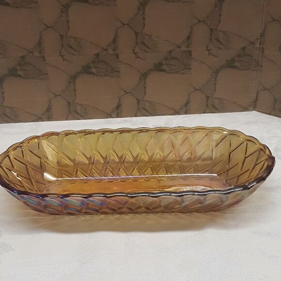 Vtg Indiana Glass Amber Carnival Basket Weave Celery Cracker Bread Dish 10"x5" - Picture 1 of 6